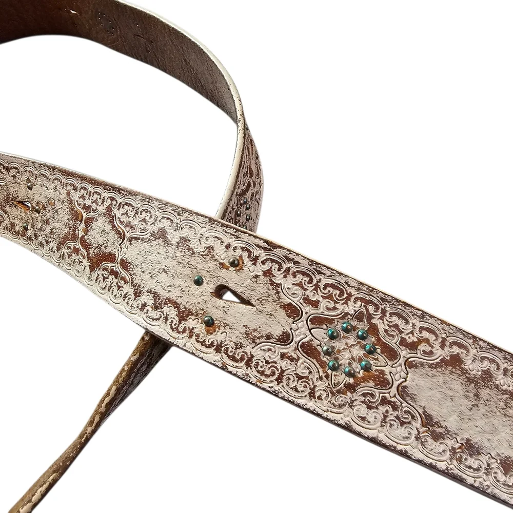 Vintage Old Navy Genuine Leather Belt Rustic White Western Boho Silver Buckle